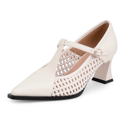 Women's Woven Mary Jane Pumps T-Strap Pointed Toe Mid Block Heel Vintage Office Wedding Casual Dress Shoes