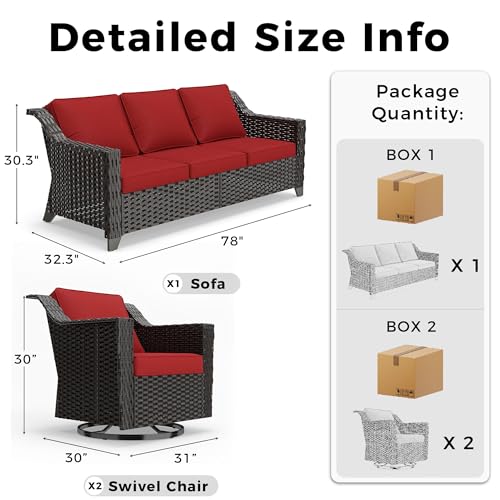 Image of 3 Piece Patio Furniture Set, Wicker Outdoor Conversation Set | Patio Chair Set with Olefin Removable Cushion, All-Weather Outdoor Couch with Deep Seat for Porch, Deck and Backyard, Red