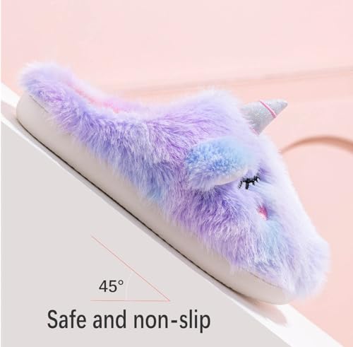 Cute Rainbow Unicorn Slippers for Women,Fluffy Winter Warm Plush Colorful Unicorn Slippers Home Shoes4