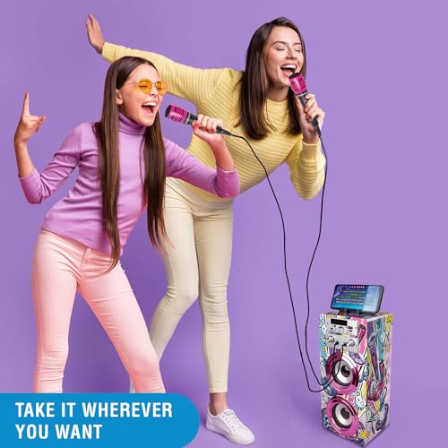 TRENDIX - Karaoke Maschine Kinder | Rosa Karaoke Kinder | Karaoke Anlage mit 2 Mikrofonen, Radio FM, USB, Bluetooth und SD | Musikbox Kinder | Musikbox mit Mikrofon