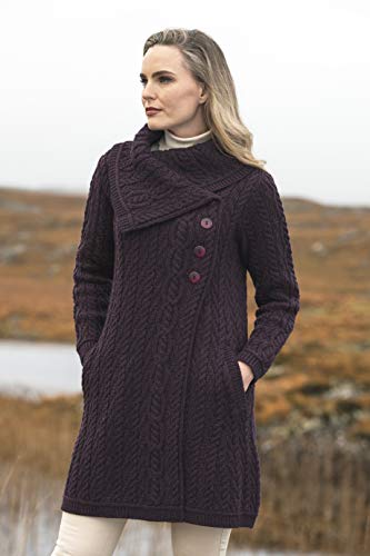 Image of Aran Crafts Women's Cable Knit Soft Collar 3 Button Coat (100% Merino Wool)
