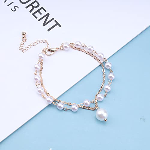 Aneneiceera Boho Pearl Layered Bracelet Gold Bracelet Bride Wedding Beaded Bracelet Minimalist Celestial Bracelet Fashion Hand Chain Jewelry Bridesmaid Gifts for Women and Girls Gifts - Image 3
