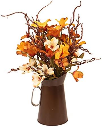 Nuxn Artificial Autumn Flowers with Vintage Metal Pitcher Flower Vase Orange Silk Flowers in Vase Arrangements for Decorations Wedding Party Home