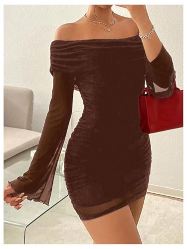 Image of GORGLITTER Women's Off The Shoulder Mesh Mini Dress Long Sleeve Y2K Sexy Ruched Bodycon Birthday Club Party Dresses