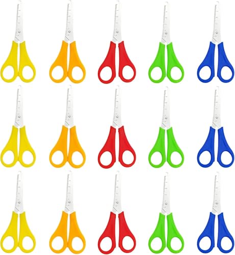 JAONLD Tijeras para niños, 15 tijeras de seguridad para niños, juego de manualidades con mango de plástico, herramienta de entrenamiento preescolar con escala de centímetros para la escuela, oficina,
