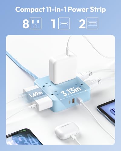 5 FT Blue Extension Cord, Power Strip with 8 Outlets 3 USB Ports, 3 Prong, Wall Mount Flat Plug Outlet Extender for Home Office, WideCube - image 2