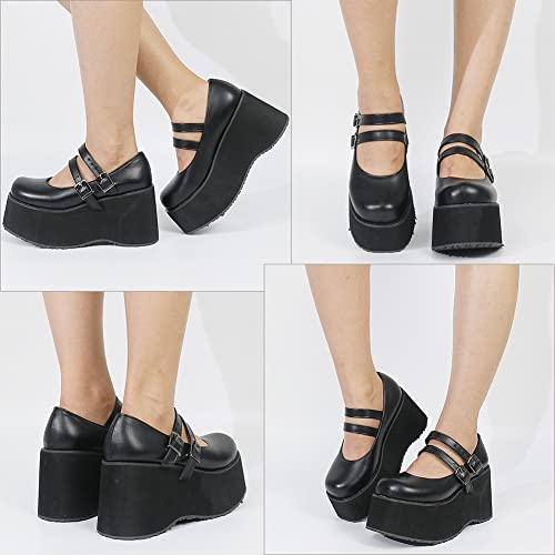 CELNEPHO Mary Jane Shoes for Women, Double Ankle Strap Mid Wedge Heel Platform Dress Shoes Gothic Pumps Shoes Black3