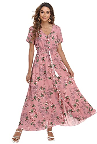 Image of VintageClothing Women's Floral Maxi Dresses Boho Button Up Split Summer Casual Long Dress Beach Party Dress