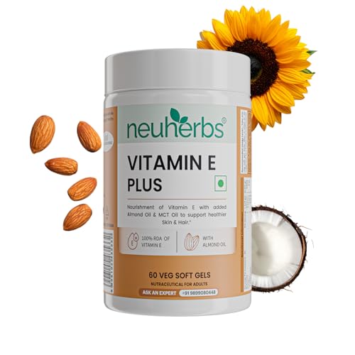 Image of Neuherbs Vitamin E Plus Capsules for Skin & Hair | Plant-Based Vitamin E Supplement with Almond & Sunflower Oil | Supports Glowing Skin & Hair Strength | Vegan | 60 Capsules
