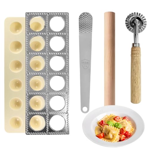 Machine à Raviolis - 4 Pièces en Acier Inoxydable Incluant Emporte-Pièces Rond/Carré 40mm et Rouleau - Pour Raviolis, Dumplings et Pâtes Frais - Grand...