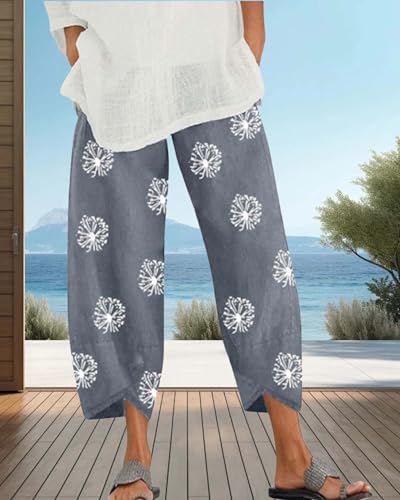 Cotton Linen Casual Summer Capri Pants for Women Printed Waist Wide Leg Palazzo Cropped Baggy Trousers with Pockets4