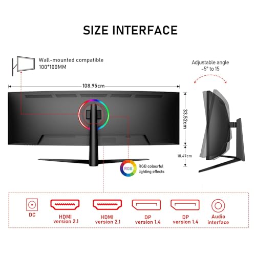 Image of Gawfolk 45 inch Ultra-Wide Curved 1500R Gaming Computer Monitor, DQHD(5120x1440) PC Screen, 240Hz, 1MS, FreeSync, 120% sRGB, Built-in Speaker, HDMI2.1 & DP1.4, Compatible Wall Mount 100 * 00mm- Black