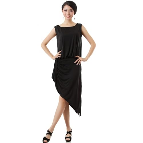 NSHZKQ Abiti da Ballo Latino per Allenamento Senza Maniche Donna Costumi da Ballo per Feste di Tango Orlo Irregolare Gonna in Seta Liscia Color Ghiaccio Abito Elasticizzato Cha Cha Performance,Nero,M