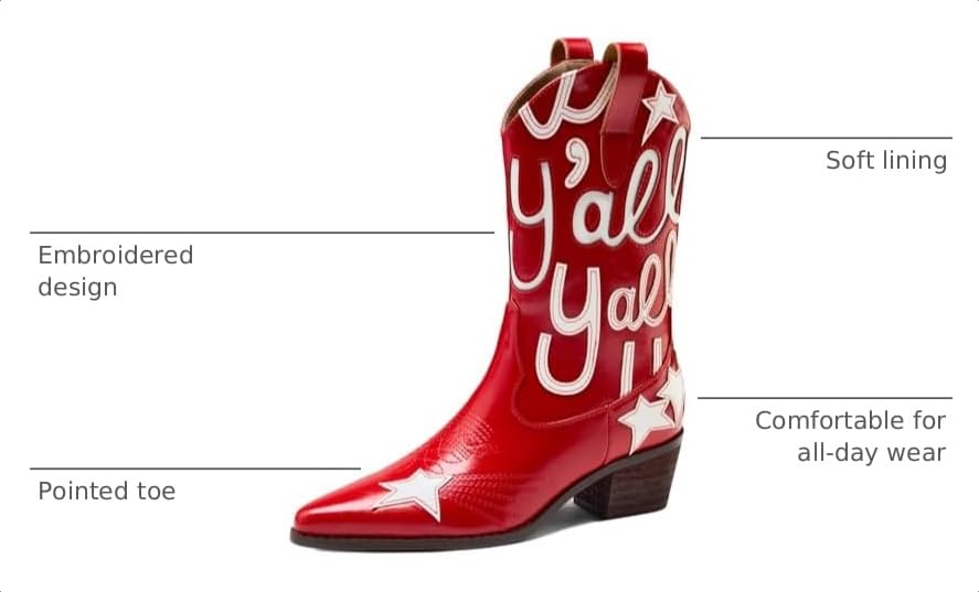 Image of Metallic Cowboy boots for Women Embroidered Mid Calf Womens Cowgirl Boots Western Pointed Toe Chunky Heel