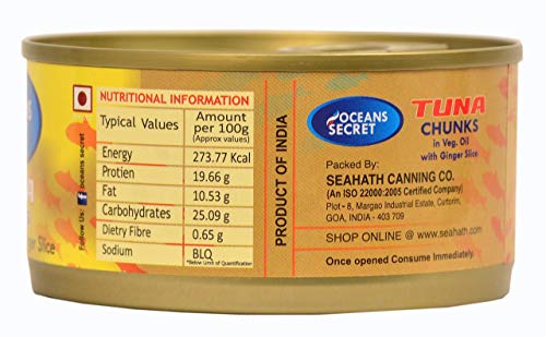 Image of Oceans Secret Tuna Chunks in Sunflower Oil with GingerSlice 180gm Pack of 1 Canned Tuna Fish | High Protein | Zesty Ginger Flavor | in Sunflower Oil with Ginger Slice | Ready to Eat