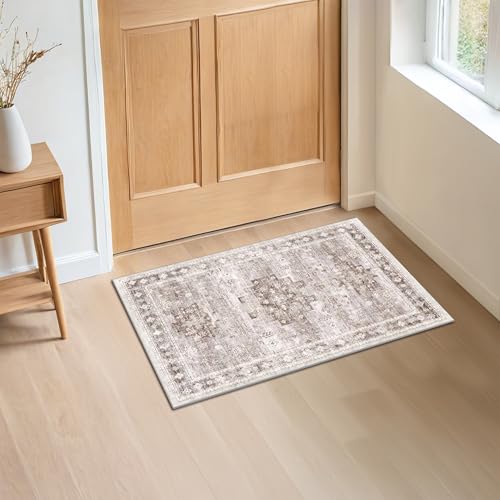 Image of Boho Bathroom Rugs - Washable Non-Slip Soft Low Pile Area Rug for Entryway, Kitchen, and Indoor Spaces - Modern Farmhouse Design, Perfect for Boho Decor (2x3 Beige /Latte)