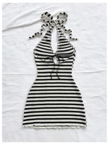 Image of GORGLITTER Women's Vacation Outfit Crochet Halter Knit Bubble Mini Dress Sexy Beach Cruise Summer Miami Resort Outfits