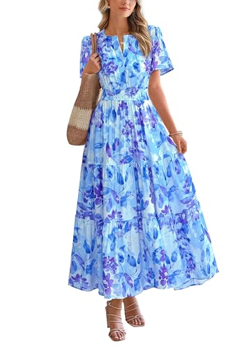 Image of BTFBM Womens Summer Floral Maxi Dresses V Neck Short Sleeve Boho Casual Flowy Long Wedding Guest Dress Beach Vacation