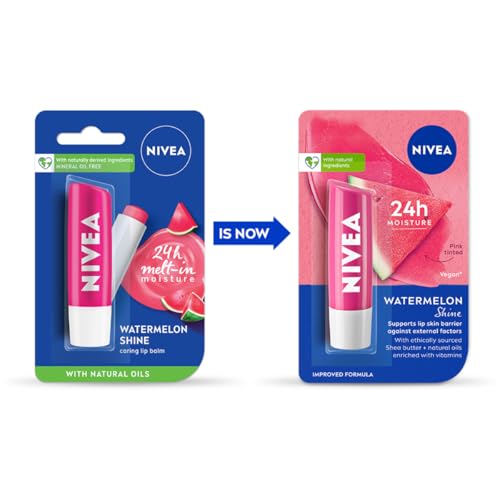 NIVEA Watermelon Shine 4.8g Lip Balm|24 H Melt in Moisture Formula|Natural Oils|Glossy Finish,4.8 g (Pack of 1)