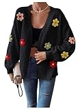 SHENHE Women's Floral Patched Cardigan Drop Shoulder Duster Open Front Knit Sweater Floral Black A M