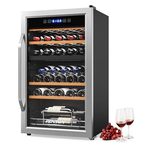 Image of ROVSUN Dual Zone Beverage Cooler Refrigerator, 33 Bottle Chiller with Glass Door & Digital Temperature Control, Freestanding for Wine, Champagne, Beer