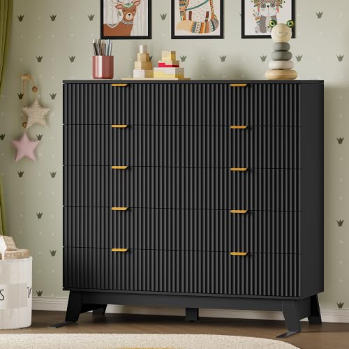 Image of BORNOON 46 inch Tall Dresser for Bedroom, 10-Drawer Fluted Chest of Drawers, Modern Wood Highboy with Metal Slides and Handles, Anti-Tip Kit, Vertical Clothes Storage Organizer for Apartment, Closet