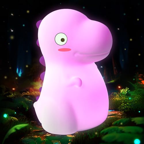Dinosaur Night Light for Kids, Cute Silicone Night Light, 7 Adjustable Color Breathing Dinosaur Lamp, Rechargeable USB LED Touch Light for Children's Room Decor, Christmas Birthday Gift (Pink)