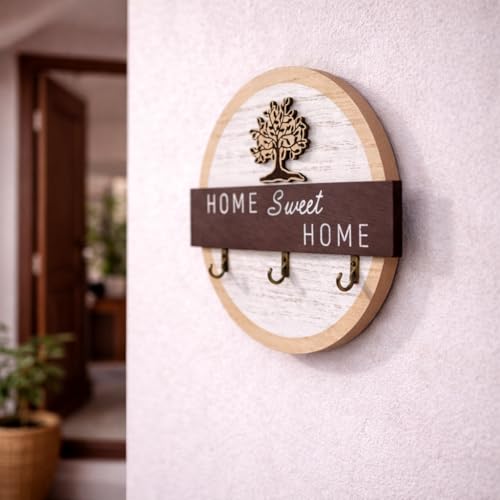Image of CraftVatika Wooden Wall Key Holder with 3 Hooks, Round Decorative Key Rack with Tree Design, Wall Mounted Entryway Organizer for Home Entrance, Key Stand for Wall Decor, Housewarming Gift Item
