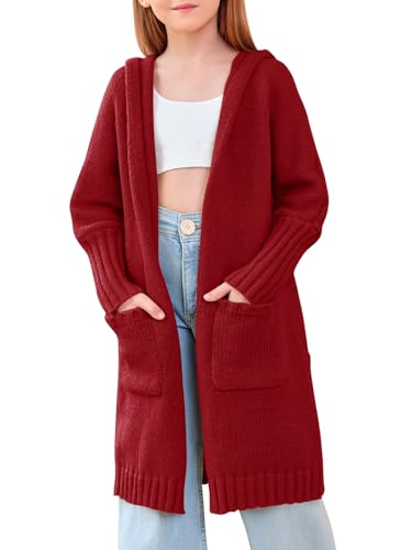 Girls Hooded Long Cardigan Kids Fashion Open Front Knit Sweater Outerwear Coat 5-14 Years