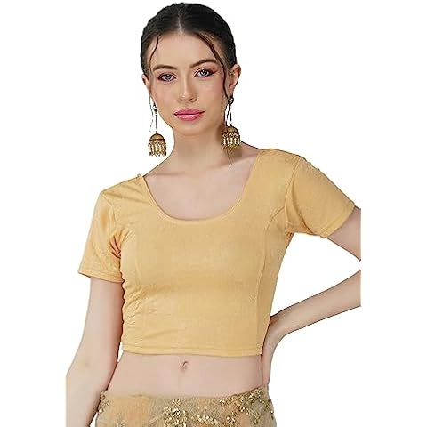 Fressia Fabrics Cotton Lycra Stretchable Half Sleeve Readymade Saree Blouse for Women Stylish Beige Cover