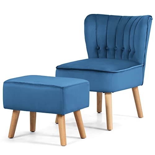 LIFEZEAL Sillón Relajante con Taburete, Butaca de Terciopelo Retro, Silla sin Brazos con Patas de Madera Maciza, Asiento de salón con Cojines Gruesos, Sillón tapizado para salón, Dormitorio (Azul)