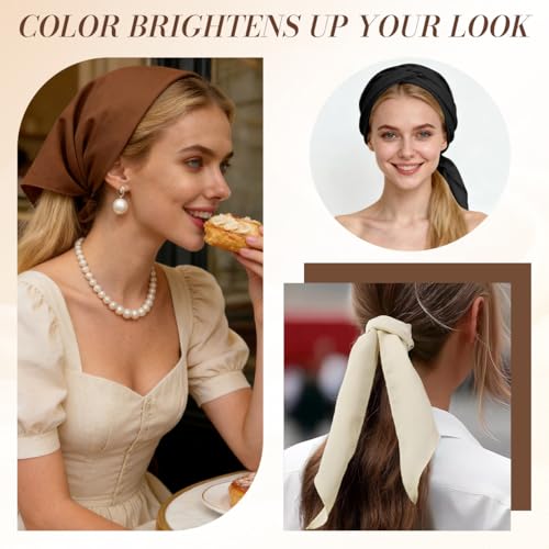 Image of MAYCREATE 3Pcs Bandana Scarf Fashion Bandanas for Women Girls Triangular Hair Scarf for Women Tie Back Countryside Style Soft Cotton Head Bands with Knot Design - Beige, Brown & Navy
