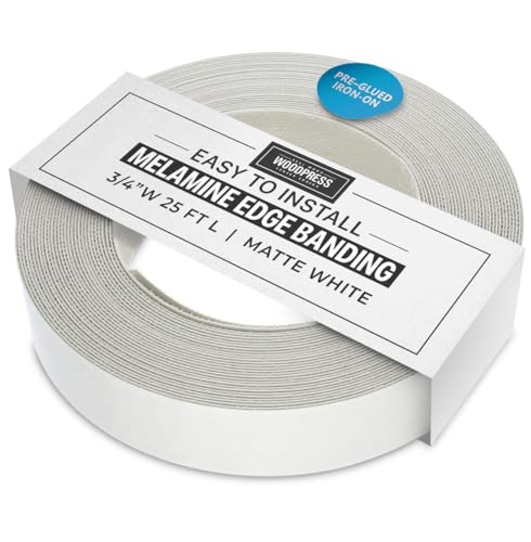 Image of WoodPress 3 /4 inch Matt White Melamine Edge Banding, Pre-Glued Veneer Tape - 25 ft Roll - Iron-On for Easy DIY Application - Will Cover The Edge of a Standard 8' x 4' MDF Panel