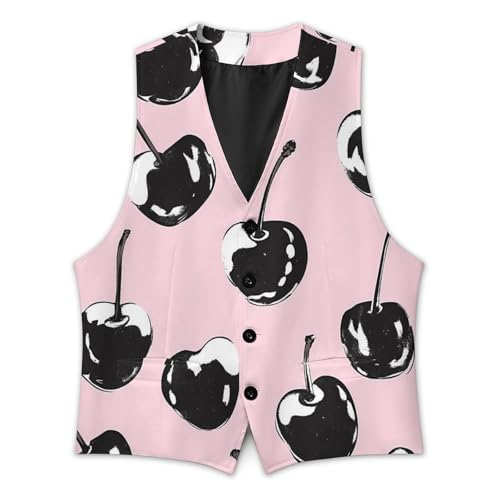 Black Cherries Cow Print Casual Suit Vest for Men Formal Business Dress Regular Fit Waistcoat Tuxedo2