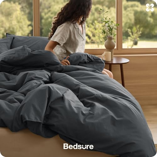 Bedsure Cotton Duvet Cover King - Luxury Slub Weave 100% Cotton Duvet Cover with a Linen Like Textured, Easy Change Durable Bedding, Charcoal, 104" x 90"