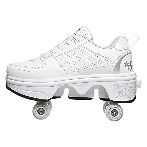 QILIYING Inline Skates Deformation Roller Shoes Sneakers Parkour Wheel Shoes 4 Wheels Rounds of Running Shoes Roller Skates Shoes Sneakers Roller Skates (Color : White2 with LED, Shoe Size : 37) Cover