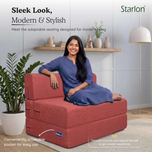 Image of Starlon 2 Seater Foldable Sofa Cum Bed 3-in-1 with 2 Floral Pattern Pillows, Washable Jute Fabric Cover, Space Saving Guest Bed, Pre-Assembled Royal Maroon 4x6 Ft