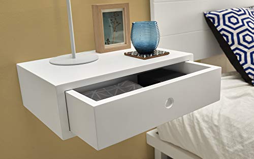 HOGAR24 ES - Pack 2 Mesitas de Noche Flotantes Madera Maciza Color Blanco con 1 Cajón Estilo Nórdico Vintage. Medidas: Ancho: 45 cm x Fondo: 30 cm x Alto: 15 cm.