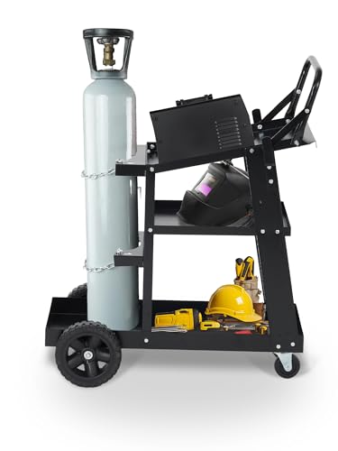 Chariot de Soudage Mobile Noir Chariot d'atelier de soudage pour Appareils 3 Niveaux Capacité 122 kg Support Bouteille gaz Roues Pivotantes 360° pour MIG/TIG/Arc/Plasma Atelier/Garage