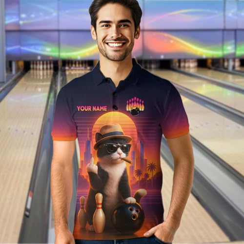ChipteeAmz Custom Funny Cat Bowling Shirt for Men Women with Name Bowling Team Jersey Bowling League Polo & 1/4 Zip Shirt3