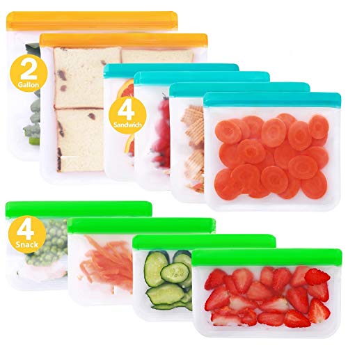 Reusable Storage Bags - 10 Pack BPA FREE Freezer Bags(2 Gallon Bags + 4 Sandwich Bags + 4 Snack Bags) Leakproof Lunch Reusable Bags for Home Kitchen Travel Organization Food Marinate Meat Fruit Cereal