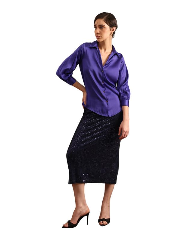 Women Co-Ord Set | Sequined Midi Skirt & Satin Shirt | 3/4 Sleeves, Shirt Collar, Button Detail | Dressy Evening Outfit for Special Occasions