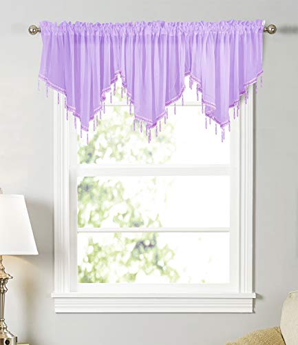 Molaxhome Lace Valance Swag Curtain 51 Inch Scalloped Sheer Curtain Panels with Crystal Beads