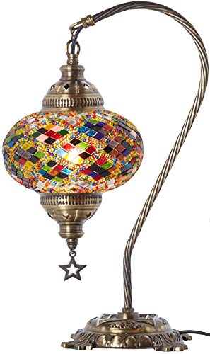 New BOSPHORUS Stunning Handmade Swan Neck Turkish Moroccan Mosaic Glass Table Desk Bedside Lamp Light with Bronze Base (Multicolor)