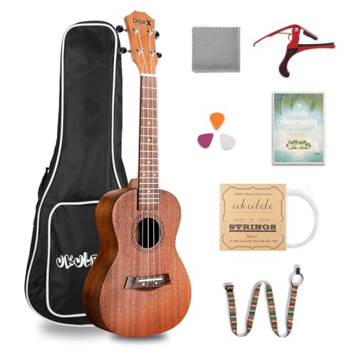 Dripex 23 Inch Concert Ukulele Small Guitar Ukelele Professonial Wood Ukulele Starter with Beginners Kit Quality Musical String Instrument for Adults or Kids (Natural Color)