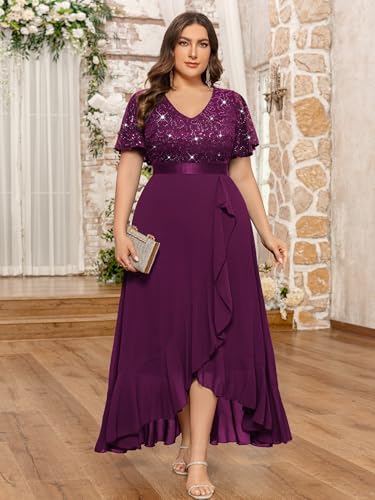 MISSMAY Women's Plus Size V Neck Sequin Lace Butterfly Sleeves Formal Evening Party Long Dress4