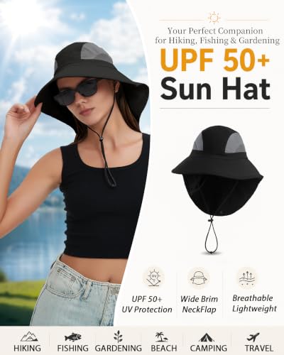 Image of Sun Hat UPF50+, Breathable Wide Brim Bucket Hat Outdoor for Hiking Garden