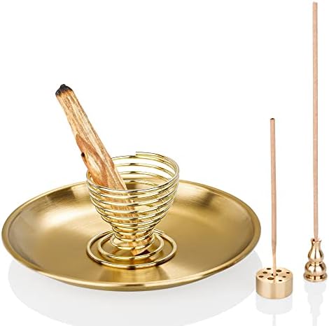 ZenBless 5 in 1 Incense Burner, Palo Santo Holder, Sage Holder, Incense Holder for Incense Sticks/Coil Incense/Incense Cones, 5.5 inches Brass Ash Catcher for Meditation Yoga Room