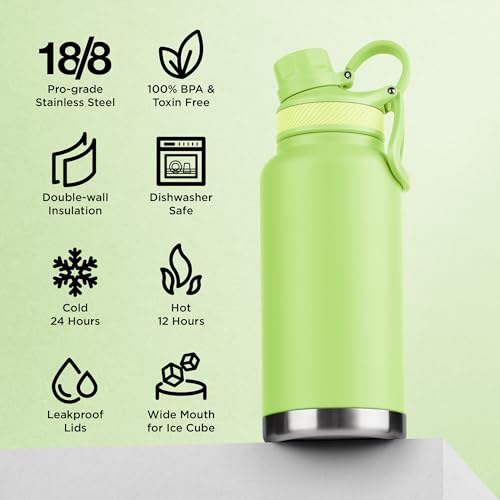 Image of ThermoProof Double-Walled Vacuum Insulated Stainless Steel Water Bottle - Wide Mouth Canteen, Spout & Straw Lids, Dishwasher Safe, Reusable, Leakproof, Hot & Cold for Men, Women - 32oz, Fresh Mint