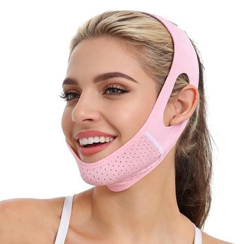 Correa Facial en Forma de V Reutilizable, Reductor de Papada y Doble Barbilla, Lifting y Adelgazante Facial, Ajustable Transpirable para Mujeres y Hombres, Definir el Contorno Facial, Rosa